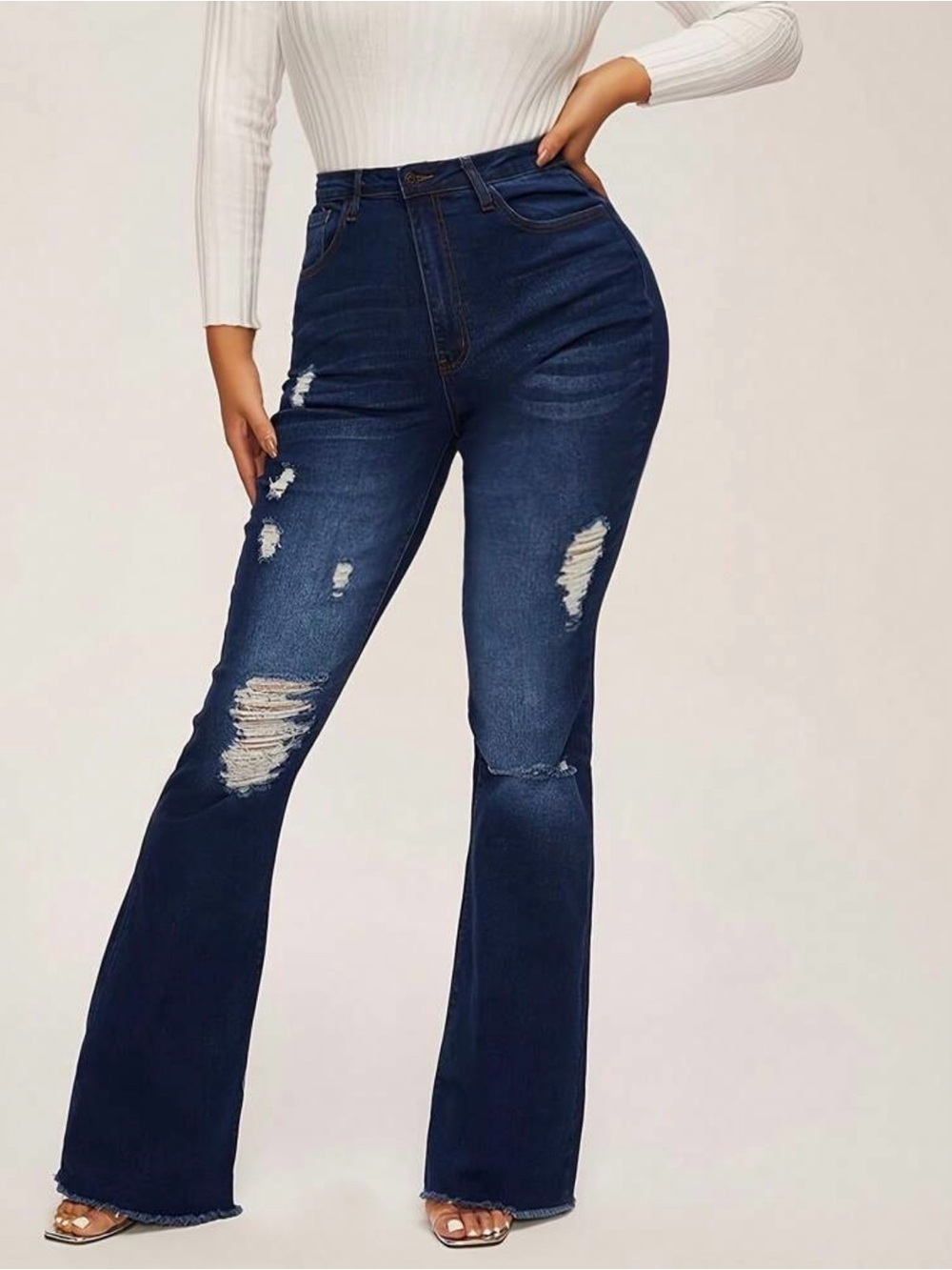 High-Waist Distressed Flare Jeans - Dark Blue - Picture 4 of 5